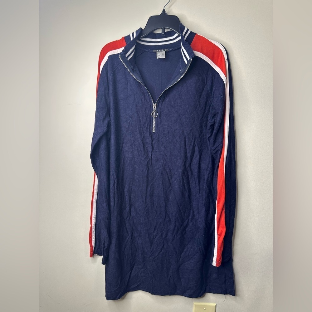 Womens VENUS Red White & Blue Long Sleeve Quarter Zip Size Large Sweater Dress